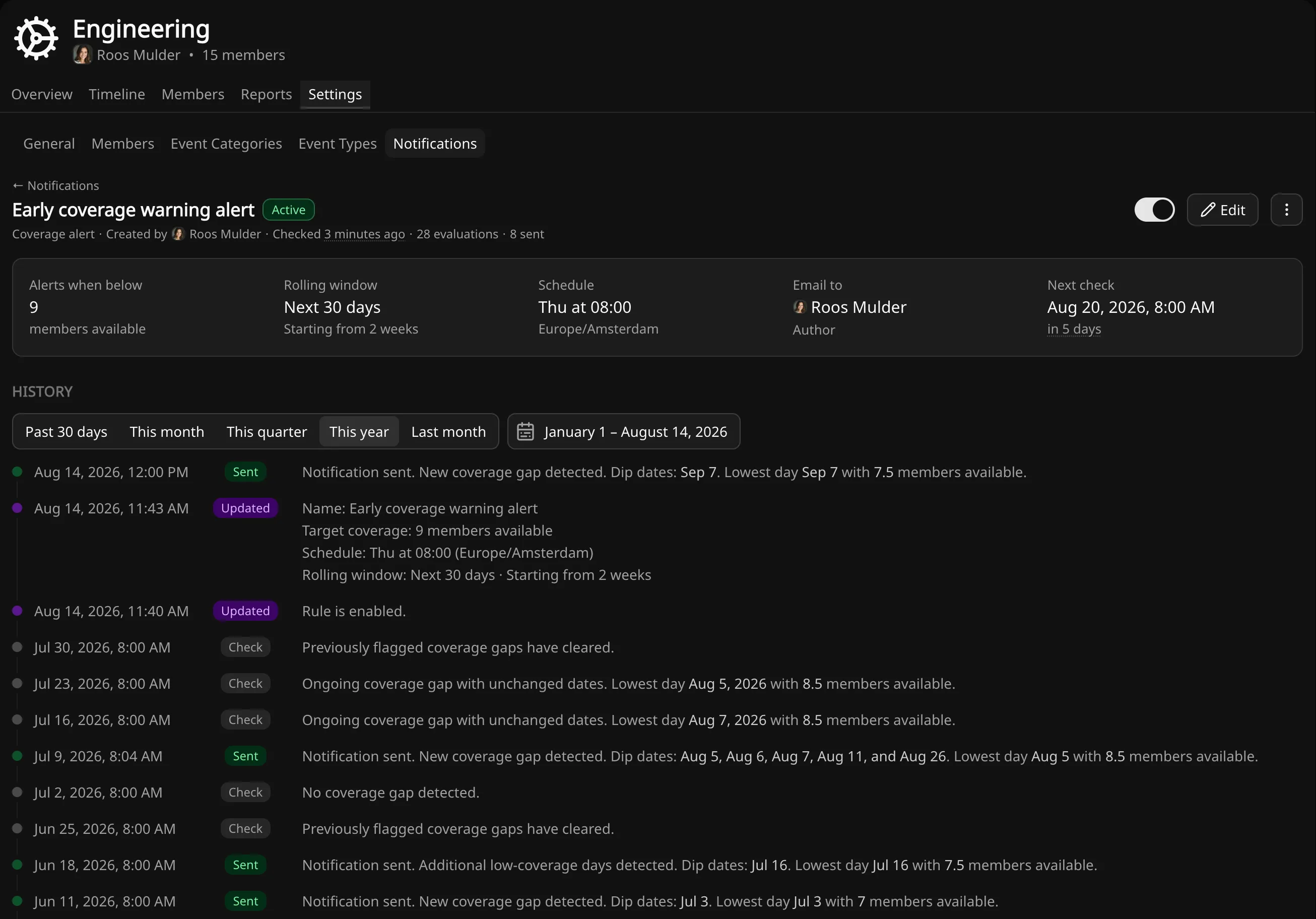 Coverage alert rule view showing configuration summary and merged history timeline
