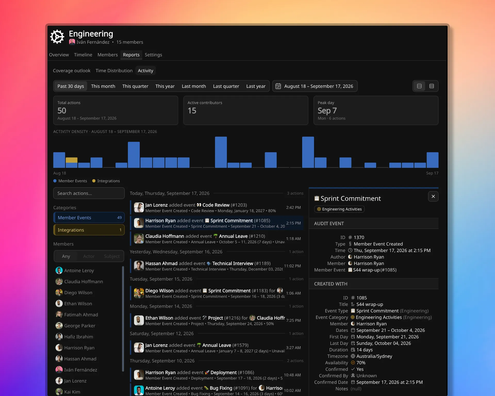 Activity for a team, with a created member event open.