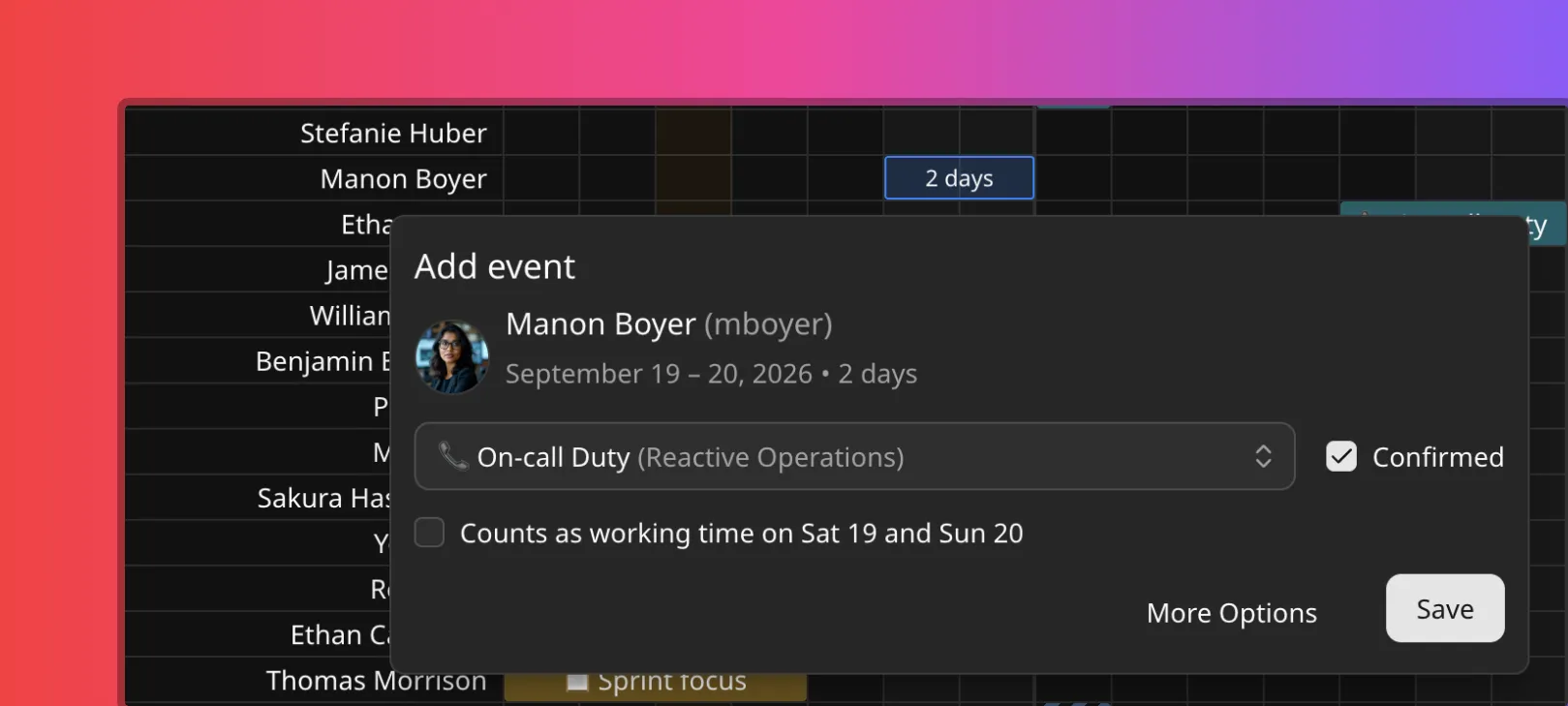 Add event dialog for a two-day span, with an unchecked Counts as working time on Sat 19 and Sun 20 checkbox