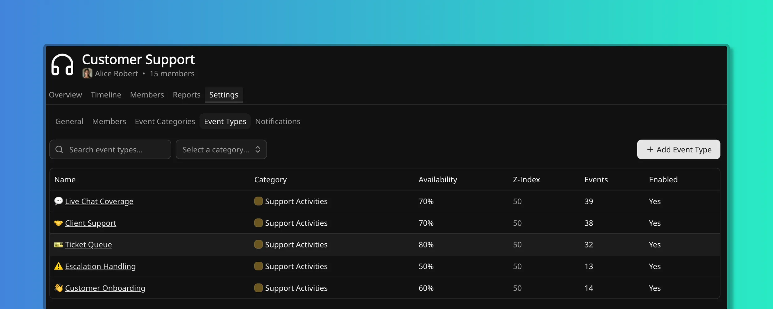 Team Event Types list with types under a team category