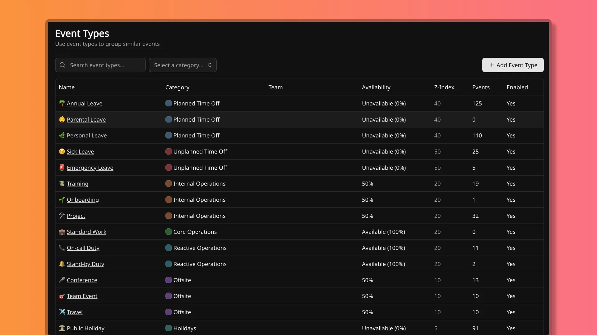 Event Types settings list, with columns for Name, Category, Team, Availability, Z-Index, Events, and Enabled