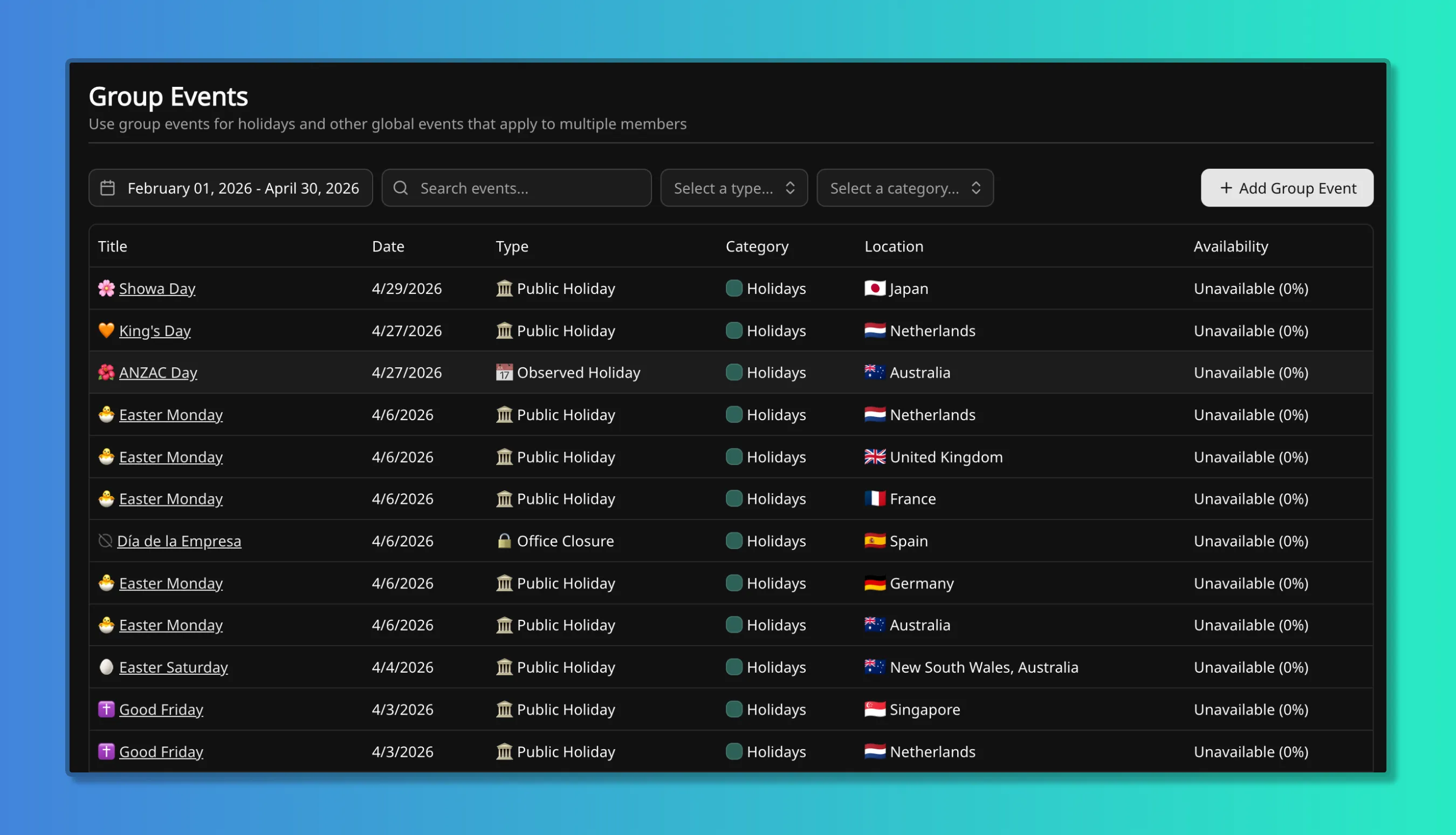 Group Events in workspace settings: table of holidays with country or subdivision, type, and availability