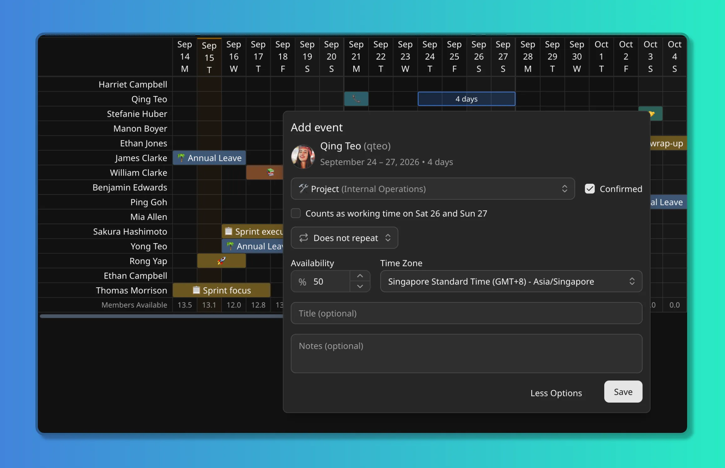 Add event dialog on the Timeline, with type, availability, time zone, and notes expanded.