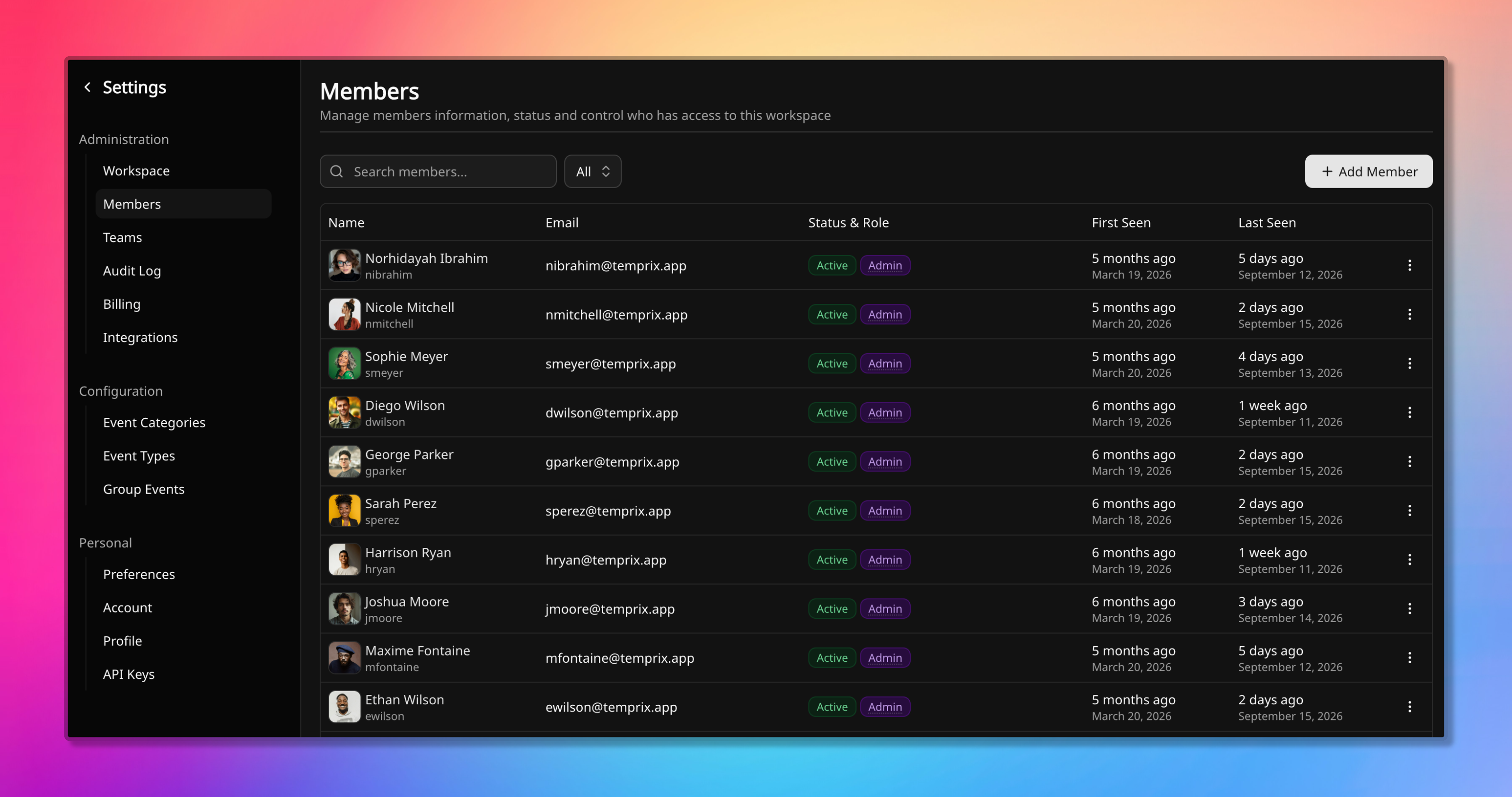 Members settings page listing workspace members with Active status and Admin role badges.