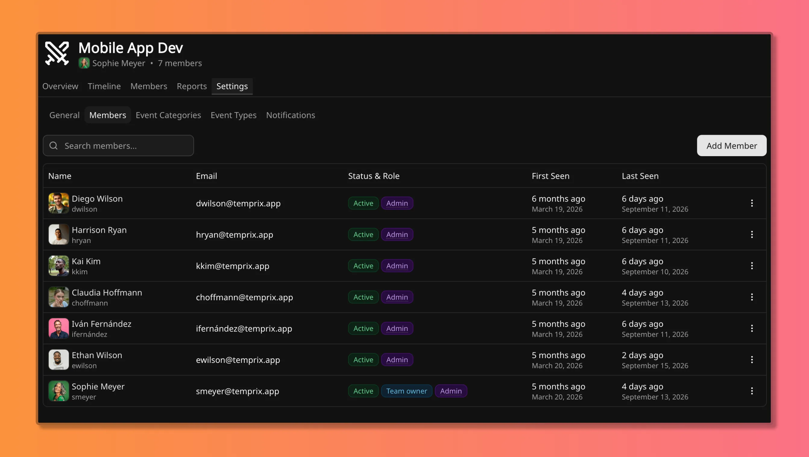 Team Settings Members list, with Status and Role including Team owner and Admin.