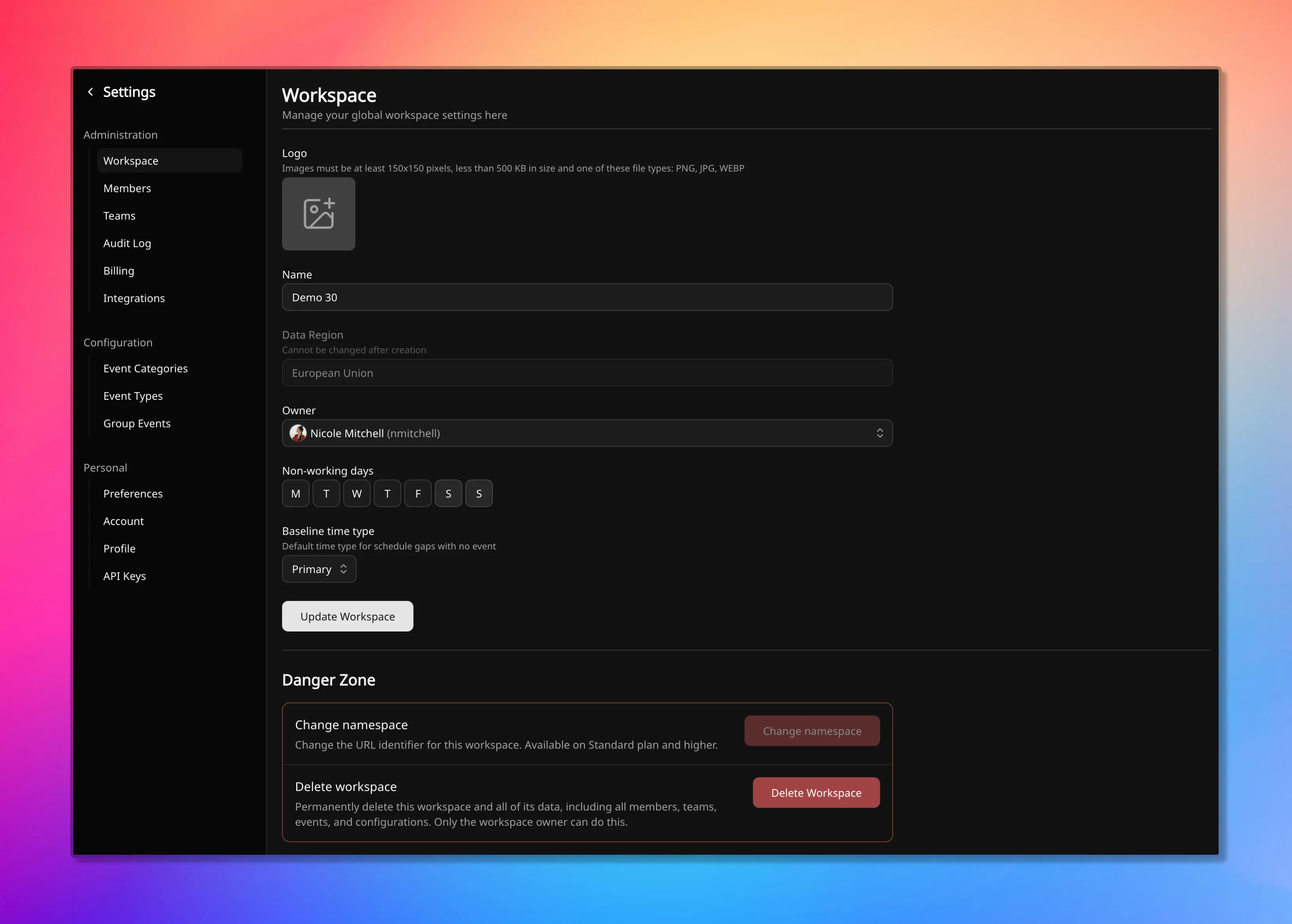 Temprix workspace settings form with logo, name, data region, owner, non-working days, baseline time type, and danger zone actions.